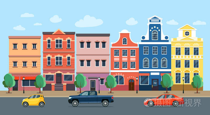 插画 城市街道全景. 城市生活设置建筑物和汽车. 矢量平面样式插图.