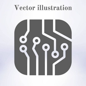 电路板图标。 技术方案平方符号。 平面设计风格。