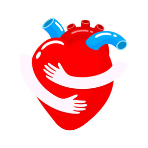 红色的心与手拥抱。 人体器官图标设计。 保健概念。 世界心日。 白色背景上孤立的插图。