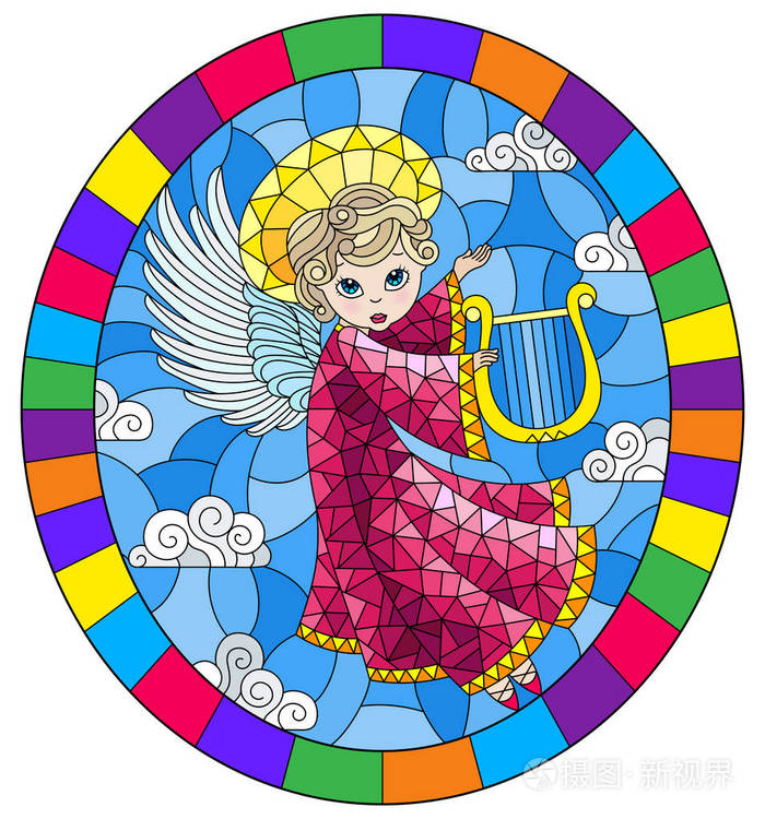 彩色玻璃风格的插图粉红色的连衣裙卡通天使在明亮的框架内对多云的