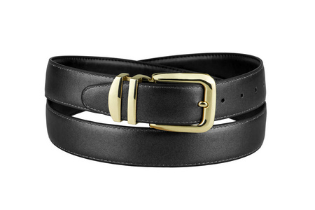 s black leather belt with golden metal buckle isolated on white 