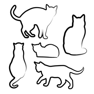 矢量插图手绘猫轮廓。 黑色线性猫设计集。