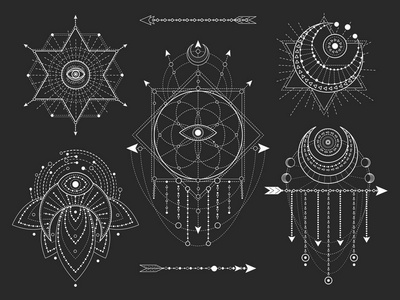 楪祈和樱满集黑色背景上神圣几何和自然符号的矢量集.