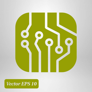 电路板图标。 技术方案平方符号。 平面设计风格。