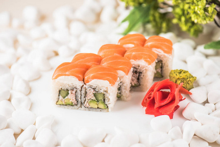 日本寿司卷，白色表面，鹅卵石