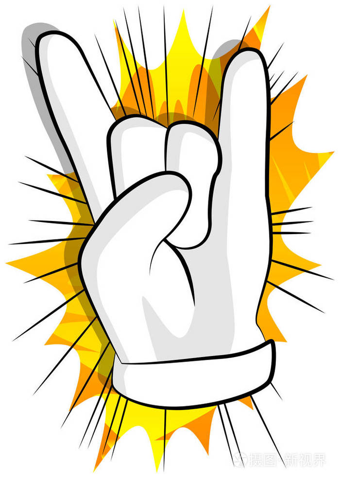 矢量卡通手在摇臂姿势. 漫画背景上的图示手势.