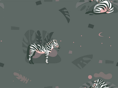 手绘向量抽象现代图形非洲野生动物园自然观赏性部落插图艺术拼贴无缝的样式与斑马动物和热带棕榈叶子查出在柔和的背景