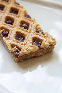 林泽·特雷是传统的奥地利蛋糕,糕点顶部有格子图案. 充满了果酱.照片