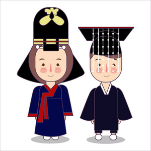 国王和王后仪式韩国的传统民族服装。传统服装中的卡通人物集。向量平面例证