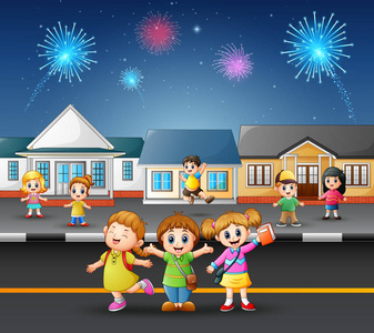 快乐的孩子在郊区的街道上玩耍