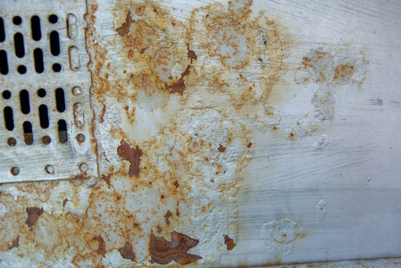 金属腐蚀.铁质地.锈蚀背景.生锈的金属剥落油漆.照片