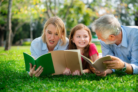 幸福的家庭一起看书，躺在公共公园的绿草上。小女孩和爸爸妈妈一起在户外花园学习。教育和家庭生活方式..