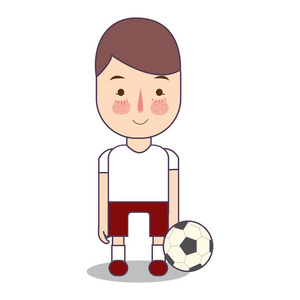 足球运动员与球。体育人头像向量例证字符在白色背景。穿着制服站着的男孩