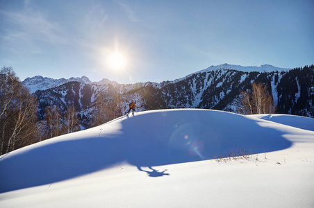 在哈萨克斯坦阿拉木图附近山区的森林里，人们在新鲜的粉雪上滑雪