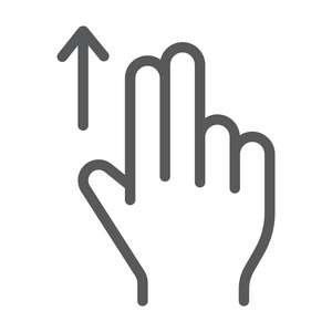 两个手指向上拖动线条图标, 手势和手, 轻触符号, 矢量图形, 在白色背景上的线性图案