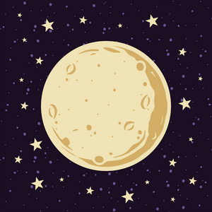 卡通风格的夜空矢量插图中的满月和星星