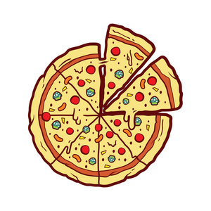 披萨卡通插图矢量与融化的莫扎雷拉奶酪蘑菇香肠顶部.照片