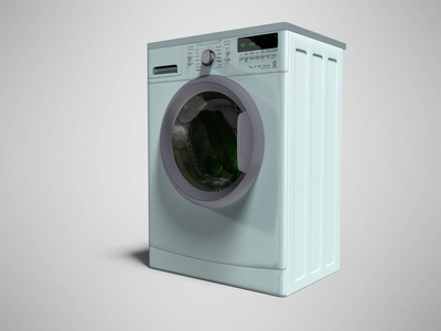 蓝色洗衣机自动冲洗水中的东西3D渲染灰色背景与阴影