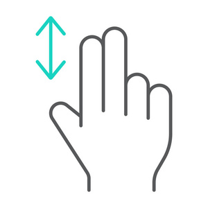 两个手指垂直滚动细线图标, 手势和手, 按符号, 矢量图形, 在白色背景上的线性图案
