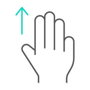 三根手指向上拖动细线图标, 手势和手, 向上滚动符号, 矢量图形, 在白色背景上的线性图案