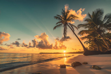 多米尼加共和国蓬塔卡纳的热带海滩。 海洋中异国情调岛屿上的日出。