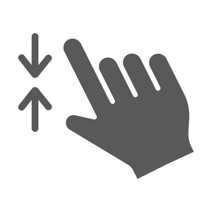 两个手指缩小字形图标, 手势和点击, 手的标志, 矢量图形, 在白色背景上的固体图案