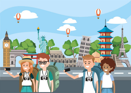 自寻烦恼男女朋友环游世界矢量插图照片