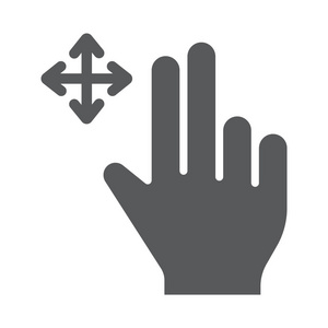 两个手指自由拖动字形图标, 手势和手, 轻扫标志, 矢量图形, 在白色背景上的固体图案