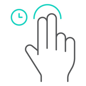 两个手指触摸并按住细线图标, 手势和手, 轻扫符号, 矢量图形, 在白色背景上的线性图案