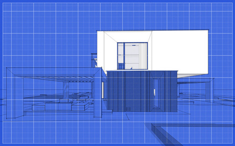 现代舒适住宅花园三维渲染草图与车库出售或租赁。 图形黑线草图与白点在蓝图背景。