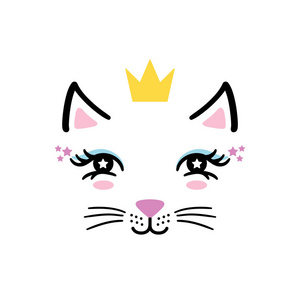 手绘可爱的小猫女孩脸与皇冠