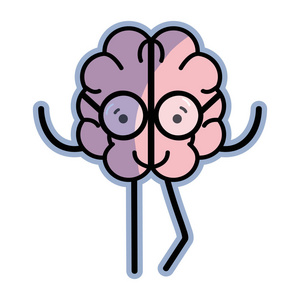 图标可爱的卡瓦伊大脑与眼镜矢量插图。