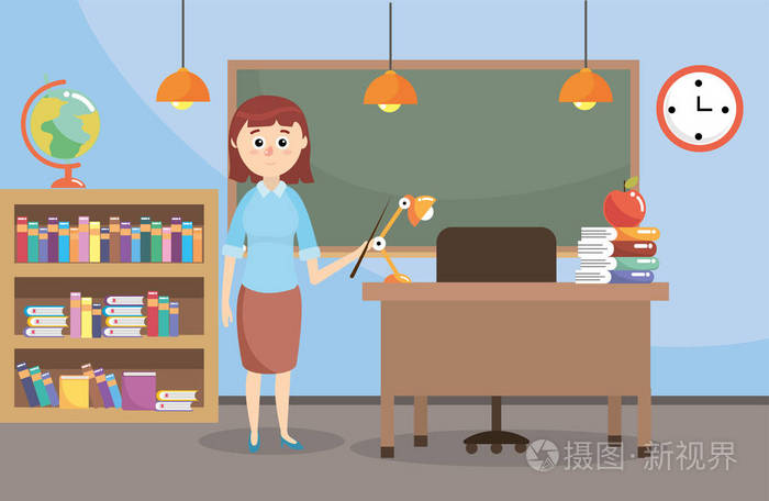 教师在教室里用书柜和黑板教育矢量插图
