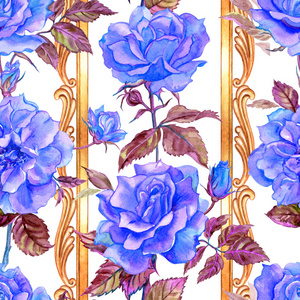 无缝图案的紫色玫瑰和垂直镀金巴洛克图案的白色背景，水彩画。