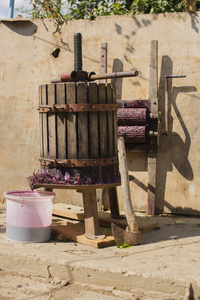 酿酒。葡萄酒生产技术。制酒的民间传统..摩尔多瓦的葡萄酒生产。葡萄加工的古老传统..榨汁机用于压酒..