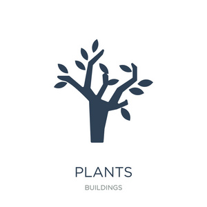 植物图标矢量白色背景，植物时尚填充图标从建筑物收集。