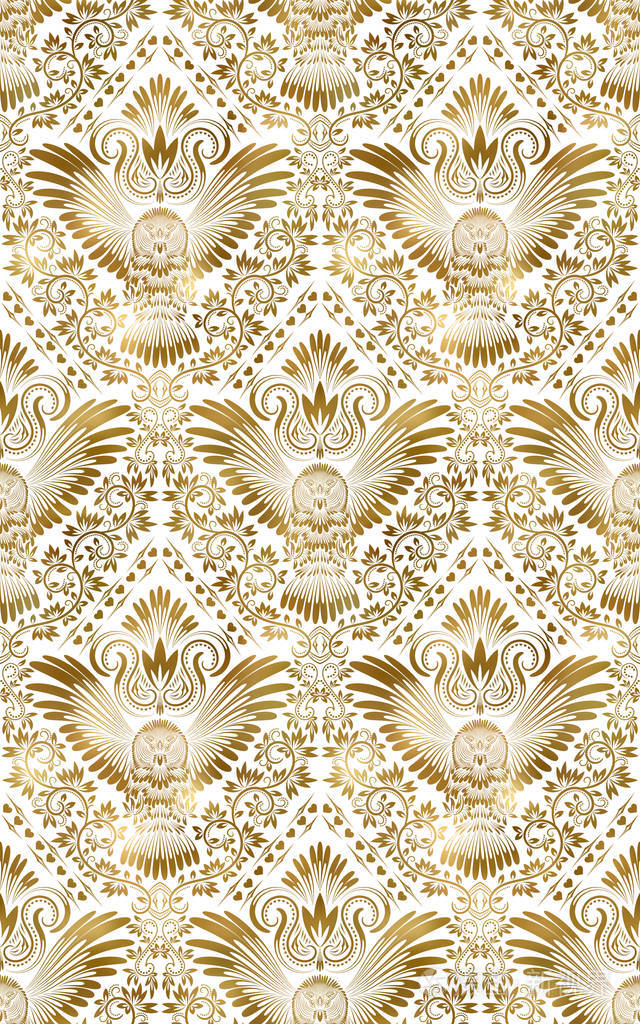 金色白色复古无缝图案与猫头鹰. 黄金皇家经典巴洛克壁纸.