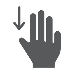 三根手指向下拖动字形图标, 手势和手, 向下滚动符号, 矢量图形, 白色