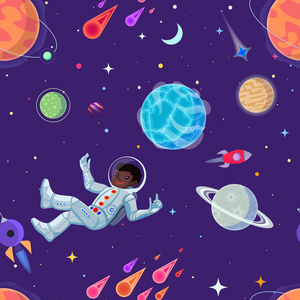 太空人漂浮在反重力环境中。 矢量卡通无缝图案