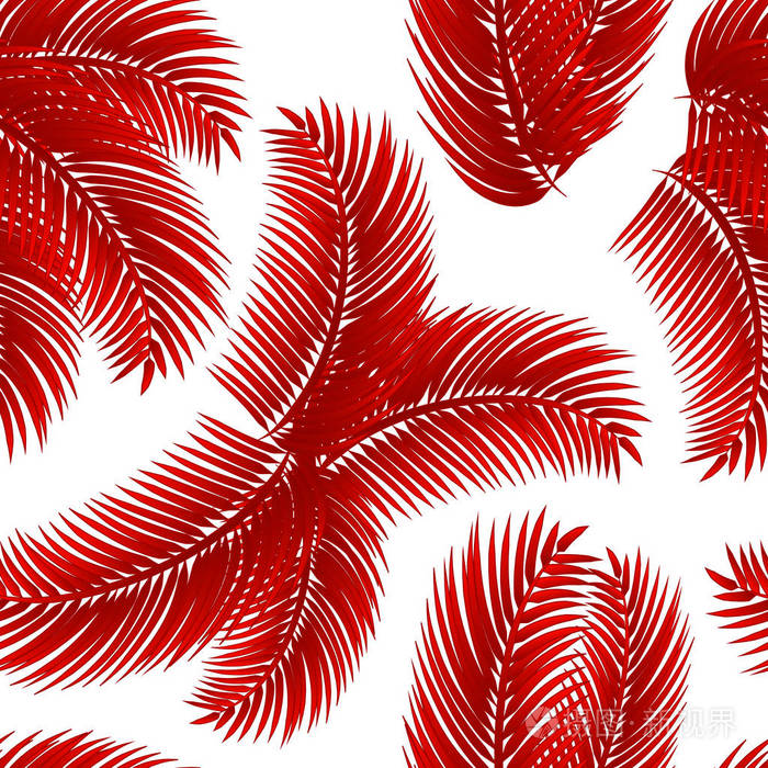 热带无缝图案，白色背景上有红色的棕榈叶。 矢量EPS10。