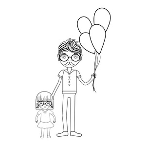排队的父亲和他的女儿，气球矢量插图