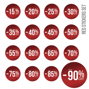 红色折扣贴纸设置销售百分比数字。从10岁到八十五