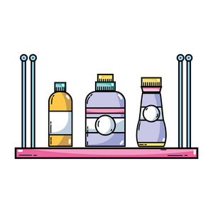 带有柔软剂和洗涤剂液体瓶的架子矢量图