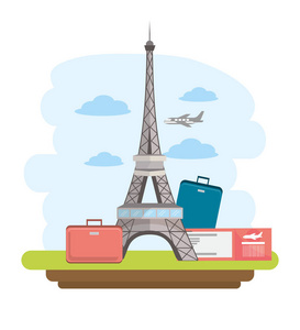 埃菲尔铁塔旅行携带行李和护照矢量插图