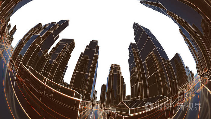 抽象3d 城市与发光的线和黑镜子大厦
