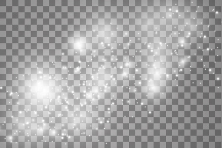 透明背景上的灯。 神奇的概念。 矢量白色闪光波抽象插图。 白色恒星尘埃跟踪闪闪发光的粒子分离。