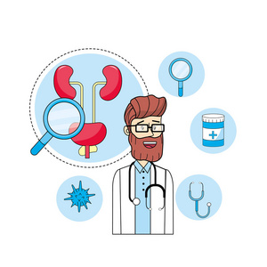 医生听诊器与男性健康治疗矢量插图