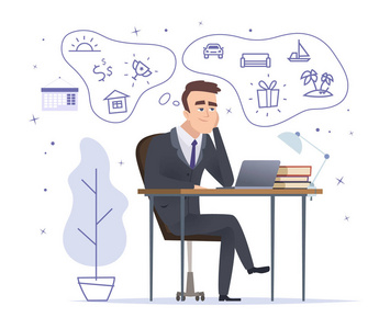 成功的办公室经理坐在和思考房车和奖杯矢量卡通人物照片