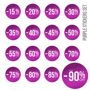 紫色折扣贴纸设置销售百分比的数字。从10岁到八十五