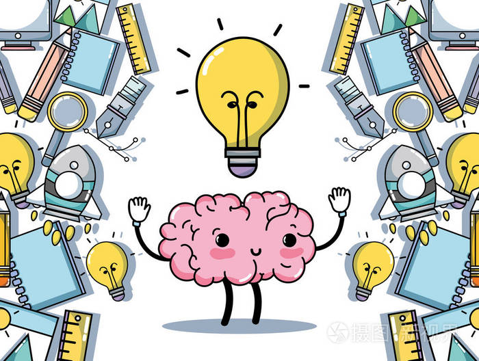 将kawaii大脑设置为知识教育矢量插图